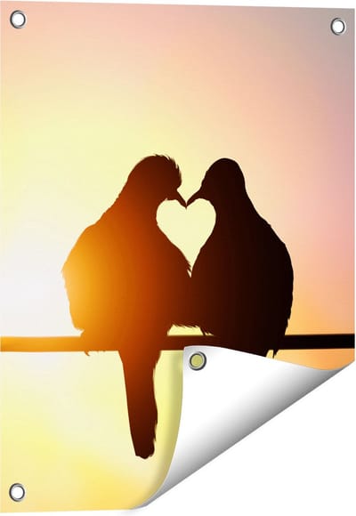 Gards Tuinposter Twee Silhouet Vogels in een Hart Vorm - 40x50 cm - Tuindoek - Tuindecoratie - Wanddecoratie buiten - Tuinschilderij