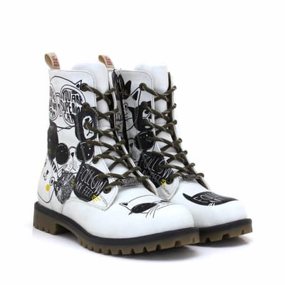 Goby Dames Veterboots – Kat Illustratie Print – Handgemaakt Vegan Leer – Comfortabele Damesboots – Maat 35
