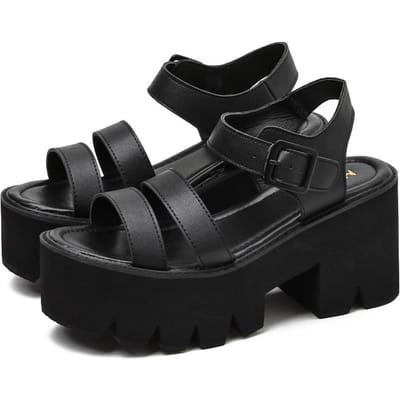 Gdgydh Dames Zwarte Plateau Sandalen Comfortabel Open Teen Dikke Hak Gesp Band Schoenen Mode Casual Effen Kleur School Schoenen 41 black