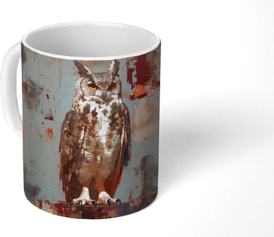 Mok - Koffiemok - Geschilderd - Abstract - Uil - Bruin - Mokken - 350 ML - Beker - Koffiemokken - Theemok