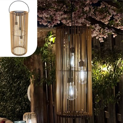 Gadgy Solar Tuinverlichting op Zonne-energie – Rotan Lantaarn voor Buiten – Hanglamp of Tafellamp – Spatwaterdicht – Sfeerverlichting voor Tuin, Balkon of Terras - Bruin – Ø17 x 41 cm – Dag/Nacht Sensor