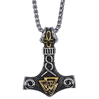 Tesoro Mio Michel – Valknut Viking Hamer - Edelstaal L 60 cm, B 3 mm - Hanger 4.5 x 3.4 cm - Kleur Zilver / Goud