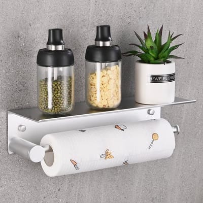 PromoHome Keukenrolhouder Wandmontage – Aluminium Keukenpapierhouder zonder Boren met Opbergplank, Zilver