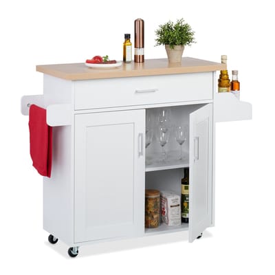 keukentrolley met werkblad - lade - 2 vakken - op wielen - 90 x 114,5 x 39,5 cm - wit-natuur