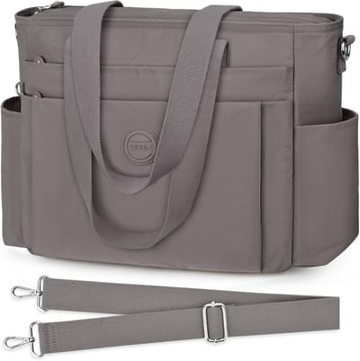 Grote lichtgewicht nylon schoudertas voor dames - multifunctionele tote bag voor werk, reizen en school - grijs