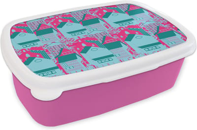 Broodtrommel Roze - Lunchbox - Brooddoos - Patronen - Abstract - Huis - 18x12x6 cm - Kinderen - Meisje