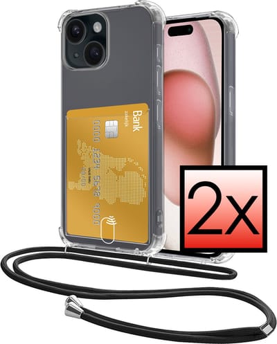 Hoes Geschikt voor Apple iPhone 15 Hoesje Pasjeshouder Cover Met Koord Shock Proof Case Siliconen Hoes Met Telefoonkoord en Kaarthouder - Transparant - 2 PACK