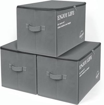 Storage Box with Lid, Fabric, 37 x 25 x 26 cm, Set of 3, Fabric Boxes with Handle and Zip, Foldable Fabric Box, Large - ShopVlot