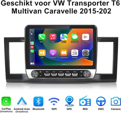 JUNSUN Android 15 Autoradio Geschikt voor VW Transporter T6 Multivan Caravelle 2015-2022, 2GB+64GB, Draadloze CarPlay & Andriod Auto, DAB+, GPS-navigatiesysteem, Bluetooth, Stuurwielbediening, WiFi, 10.1-inch Touchscreen, DSP, Quad-core processor