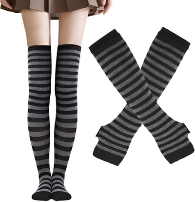 Gestreepte Kniesokken en Lange Gebreide Handschoenen Set voor Feestkostuum en Cosplay