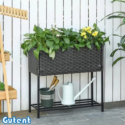Gutent Verhoogd bloembed - Bloembak - Diep frame - Metalen frame / Poly Rotan - 70 x 30 x 70 cm - Donkerbruin