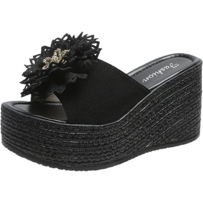 Sandales et pantoufles à talon compensé à semelle épaisse d'été à bout ouvert pour femmes, pantoufles à fleurs à la mode pour femmes, chaussures pour femmes 34 noir