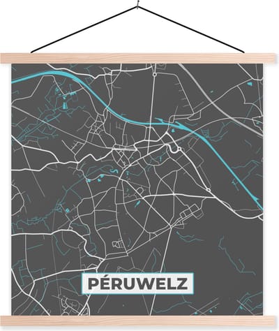 Posterhanger incl. Poster 40x40 cm - Schoolplaat - Stadskaart – Grijs - Kaart – Péruwelz – België – Plattegrond - Textielposter - Blanke latten - Stadskaart