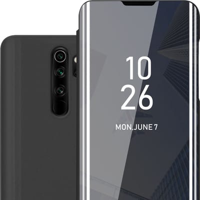 Cadorabo Hoesje geschikt voor Xiaomi RedMi NOTE 8 PRO in TOERMALIJN ZWART - Clear View Spiegel Beschermende Case met Tribunefunctie 360 Graden Bescherming Book Case Cover Etui