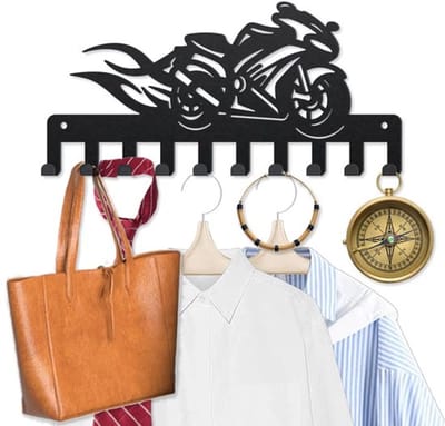 Dailygoods- Kledinghaak Metalen Motorfiets - Wandmontage - Sleutelrek - 10 Haken - Zwarte Kunst - 40 × 25 cm - Wandhaak