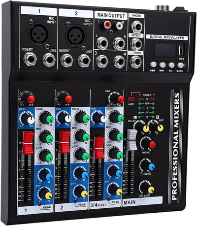 Mini Geluidsmixer - Audiomixer 4 Kanaals - Podcast Streaming - Met Bluetooth DSP - Compact Staal - Zilver