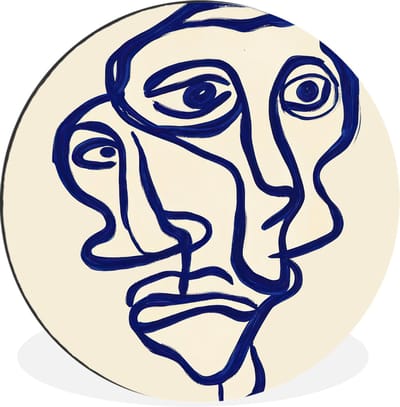 WallCircle - Wandcirkel - Muurcirkel - Lijntekening - Overlappende gezichten - Donkerblauw - Aluminium - Dibond - 30x30 cm - Binnen en Buiten