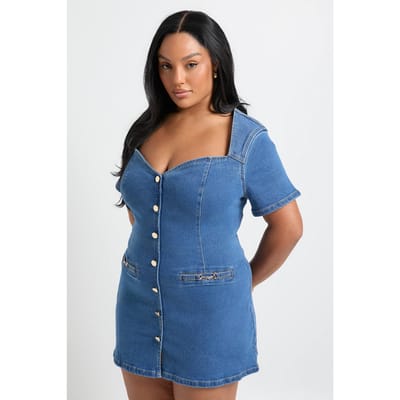 boohoo Dames Plus denim shiftjurk met gouden afwerking en knoopsluiting | Blauw | Maat: 56