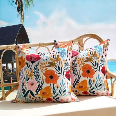 Set van 2 waterdichte buitenkussens, roze oranje bloem boerderij gooien kussens, vierkante decoratieve lente zomer bloemen afdrukken indoor kussens voor patio tent bed bank woonkamer