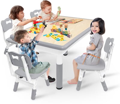 Froadp Grijs Kindertafel met 4 stoelen in hoogte verstelbaar Kindertafelgroep Grijs Kinderplacemat Plastic kindermeubilair Tafel Stoelenset voor kinderkamer en kleuterschool Zitgroep vanaf 2 jaar,120x60cm