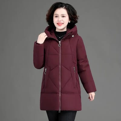 Winterjas met capuchon voor dames van middelbare leeftijd en ouderen, middellang, grote maten L bordeaux