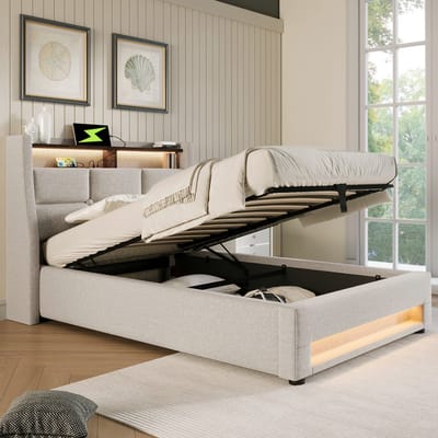 VVBV linnen gestoffeerd bed-Opbergruimte-90x200-Beige-Gestoft bed met USB-LED (Zonder matras)