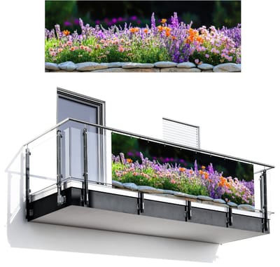 Balkonscherm 300x110 cm - Balkonposter Bloemen - Steenrand - Kleurrijk - Balkon scherm decoratie - Balkonschermen - Balkondoek zonnescherm