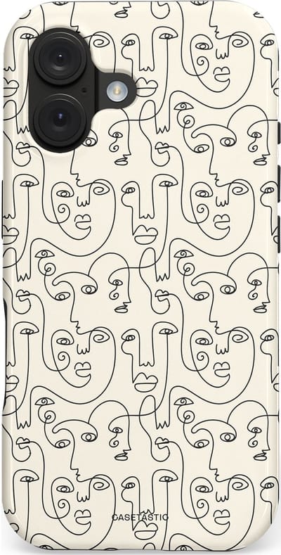 Casetastic hoesje geschikt voor Apple iPhone 16 - MagSafe - Dubbellaagse bescherming - Art Deco Creme Abstractie Lijntekening Gezichten - Fashion Case - Zilver Crème Wit