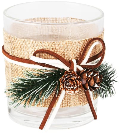 Dekoratief | Theelichthouder m/dennenappel, wit/naturel, glas, 7x7x8cm | A255533