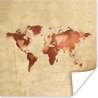 Poster 30x30 cm - Wereldkaart - Liefde - Kleuren - Posters - Kamer decoratie - Wanddecoratie woonkamer - Muurdecoratie slaapkamer