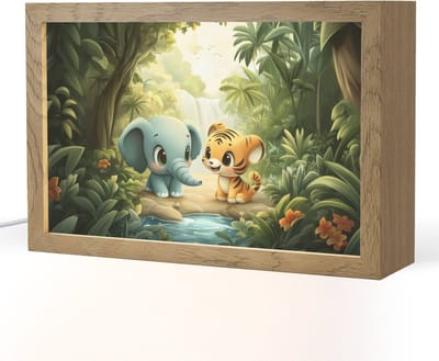 Nachtlampje 30x20 cm - Kinder lampje - Olifant - Tijger - Bos - Jungle - Tafellamp kinderkamer - Slaapkamer lamp - Bedlamp kinderen - Kinderlampje stopcontact - Wandlamp babykamer - Nachtlampjes