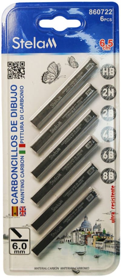 Decopatent - 6 Stuks Professionele houtskool Tekenpotloden / Krijtjes SET - 6mm Dikte - Houtskool krijtjes - Houtskoolpotlood - Stelam Houtskool potloden voor houtskooltekening - Teken kunstenaars kwaliteit - HB/2H/2B/4B/6B/8B Tekenkrijt
