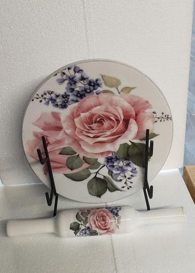 Marmeren Deegroller Set - Chakla Belan Plank - Brood Bakken - Porseleinen Print - 4 kg Gewicht - Bloemen Design
