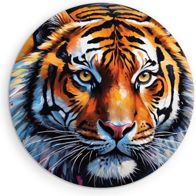 Saammp Muurcirkel Hout - Kleurrijke Tijger - Verfspetters - Dieren - Abstract - Ø 90 - Wandcirkel - Wanddecoratie Cirkel - muurdecoratie Woonkamer - Slaapkamer decoratie - Rond Schilderij