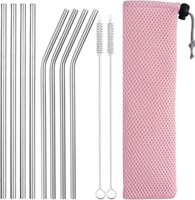 Fako Bijoux® - RVS Rietjes Set - 8 Herbruikbare Rietjes - 4 Recht en 4 Gebogen - Herbruikbaar - 21 cm - Stijlvol - Incl 2 Schoonmaakborstels en Mesh Zakje - Roze