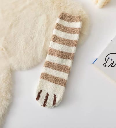 Fluffy dames sokken - huissokken - slaap sokken - gestreept - print kattenpootjes - bruin - beige - grijs - wit - 36-40 - mix - winter sokken - warm - geschenk - gift - cadeau voor haar - Kerst cadeau