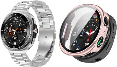 Strap-it Bundel – RVS Schakelband (Zilver) + Hard Case met Screenprotector (Roze) geschikt voor Samsung Galaxy Watch 8 (40mm)
