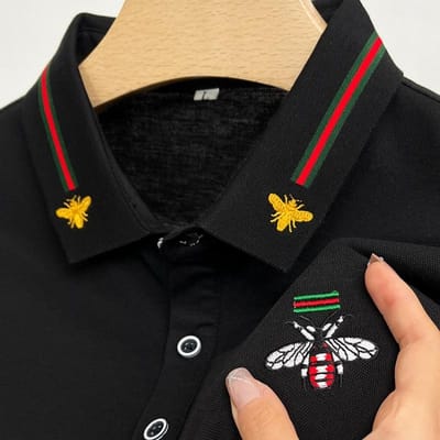 Heren Poloshirt Kraag Korte Mouw T-shirt Zomer Verfijnd Bijen Borduurwerk Mode Zakelijk Casual Herenkleding L zwart