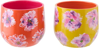 J-Line bloempot - keramiek - oranje/geel - medium - 2 stuks