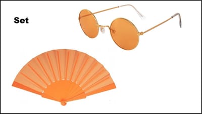 Uilebril oranje glas + Spaanse waaier oranje - Koningsdag WK John Lennon Beatles disco peace flower power