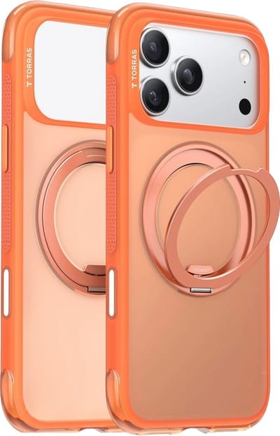 TORRAS Hoesje Geschikt voor Apple iPhone 17 Pro Max - Ostand O3 Air Spin - Compatibel met MagSafe / Qi2 - Back Cover met Magneet - 360° Draaibare Ring Standaard - Oranje
