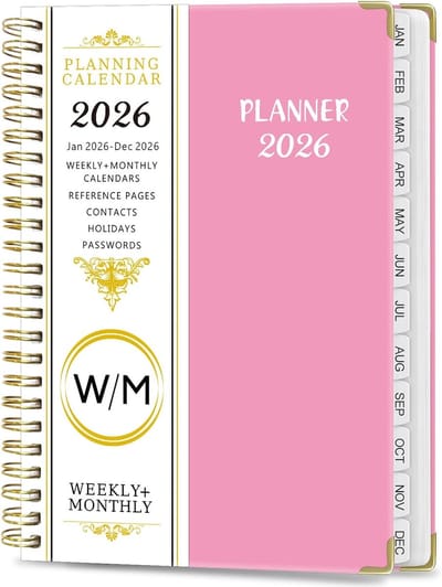 2026 Planner - Wekelijkse & Maandelijkse Weergave - Spiraalband met Tabs - Binnenzak - 6.2" x 8.5" (15.7x21.6 cm) - Roze - Jan t/m Dec 2026