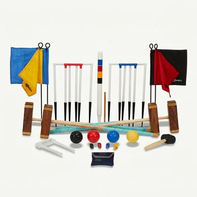 Meester Croquet set, 4 persoons, 16 mm stalen poorten, kunststof ballen, club-kwaliteit
