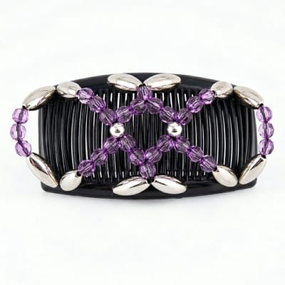 Magic hair clip – double comb – paars met zilver – elastische kralen haarclip – sterke grip – beaded hair comb – voor dik en dun haar – opsteekkapsels