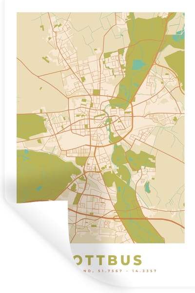 Muurstickers - Sticker Folie - Plattegrond - Cottbus - Vintage - Kaart - Stadskaart - 20x30 cm - Plakfolie - Muurstickers Kinderkamer - Zelfklevend Behang - Zelfklevend behangpapier - Stickerfolie
