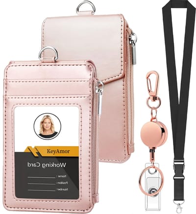 Kaartenhouder met Afneembaar Lanyard en Uittrekbare Sleutelhanger - Keycord Badgehouder - Kaarthouder voor Pasjes met Ritsvak - Portemonnee Kaart Houder - Nekkoord Keykoord - Universeel ID Pashouder - Badge Sleutels Koord - Nek Sleutelkoord - Roze