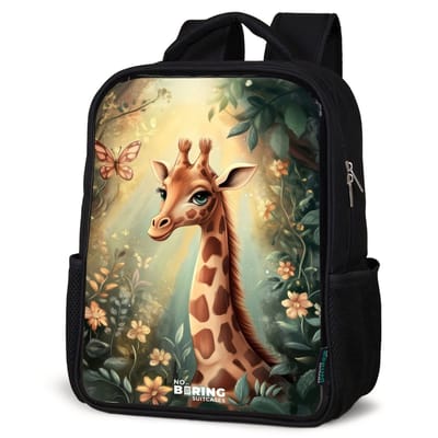 NoBoringSuitcases.com® - Rugzak zwart - Schooltas jongen & meisje - Jonge giraf tussen bloemen in zonnig woud - Rugtas voor school - Boekentas kind - Schoolrugzak - Kinderrugzak