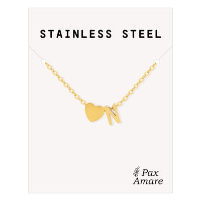 Letter N Ketting Goudkleurig - Stainless Steel - Initiaal & Hartje Hanger - Initialen Ketting op Cadeau Kaartje - Pax Amare