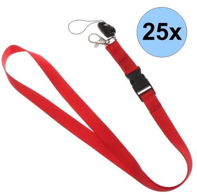 25 Rode Keycords - Keycord - Lanyard - Sleutelkoord - Badgehouder - 51cm - 20mm - Rood - 25 Stuks