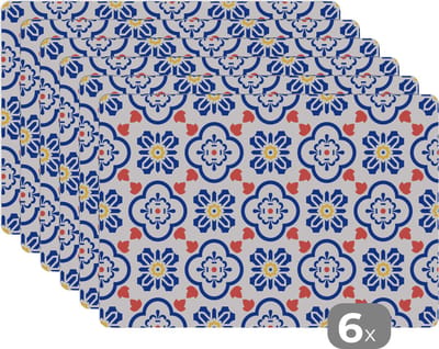 Placemat - Placemats kunststof - Bloem - Blauw - Rood - Patroon - 45x30 cm - 6 stuks - Hittebestendig - Anti-Slip - Onderlegger - Afneembaar